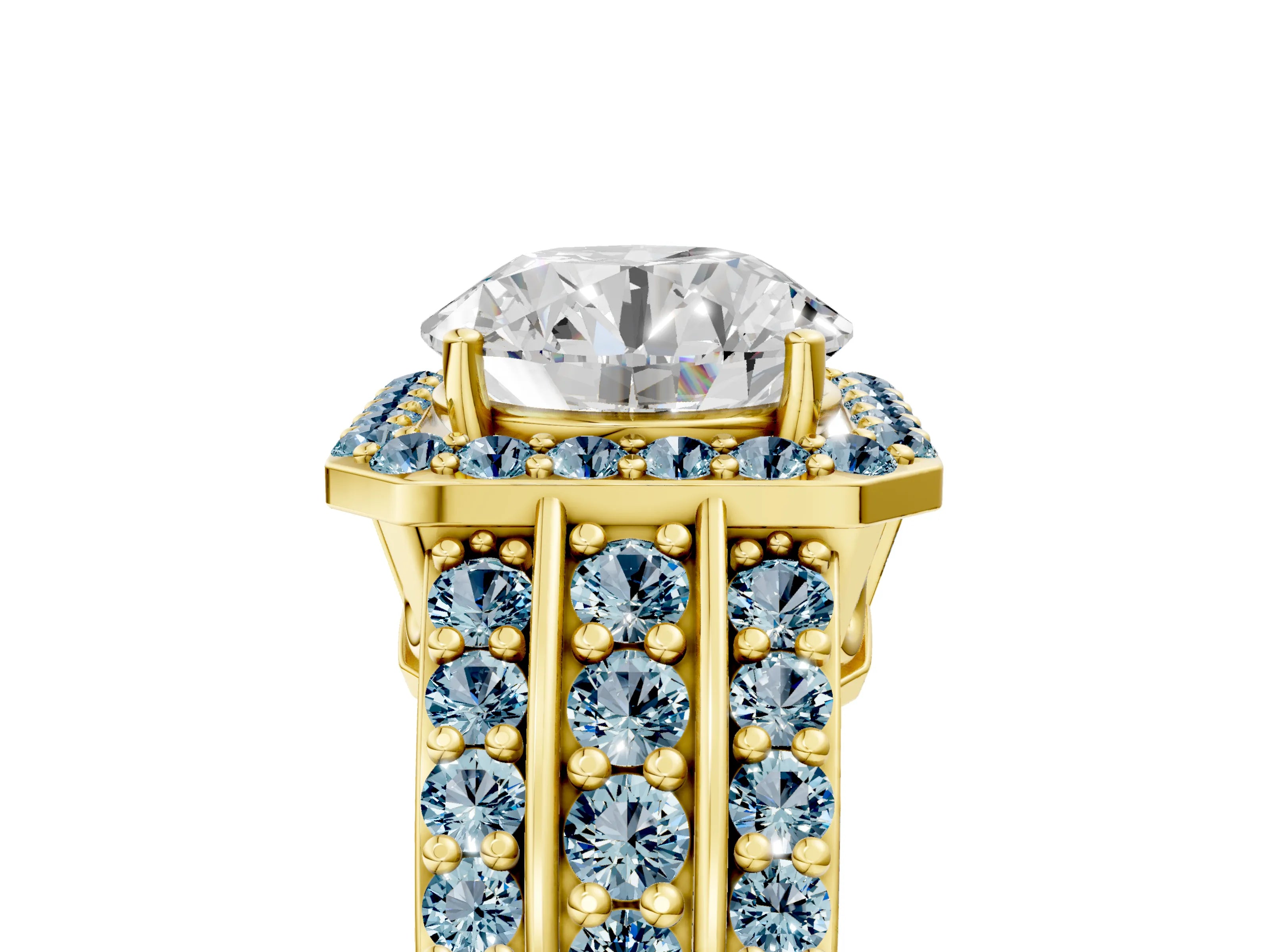 Yellow gold Round Cut Halo Diamond Ring with Round with Aquamarine side stone Split Shank and Prong Setting_5