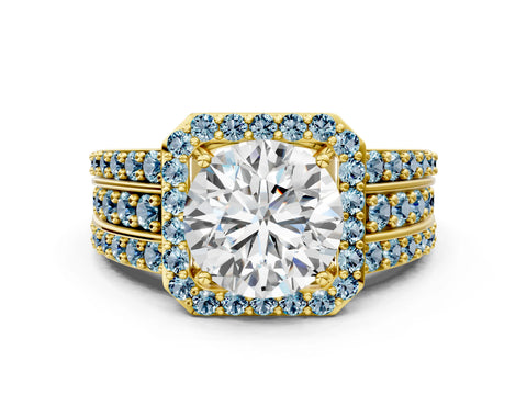 Yellow gold Round Cut Halo Diamond Ring with Round with Aquamarine side stone Split Shank and Prong Setting