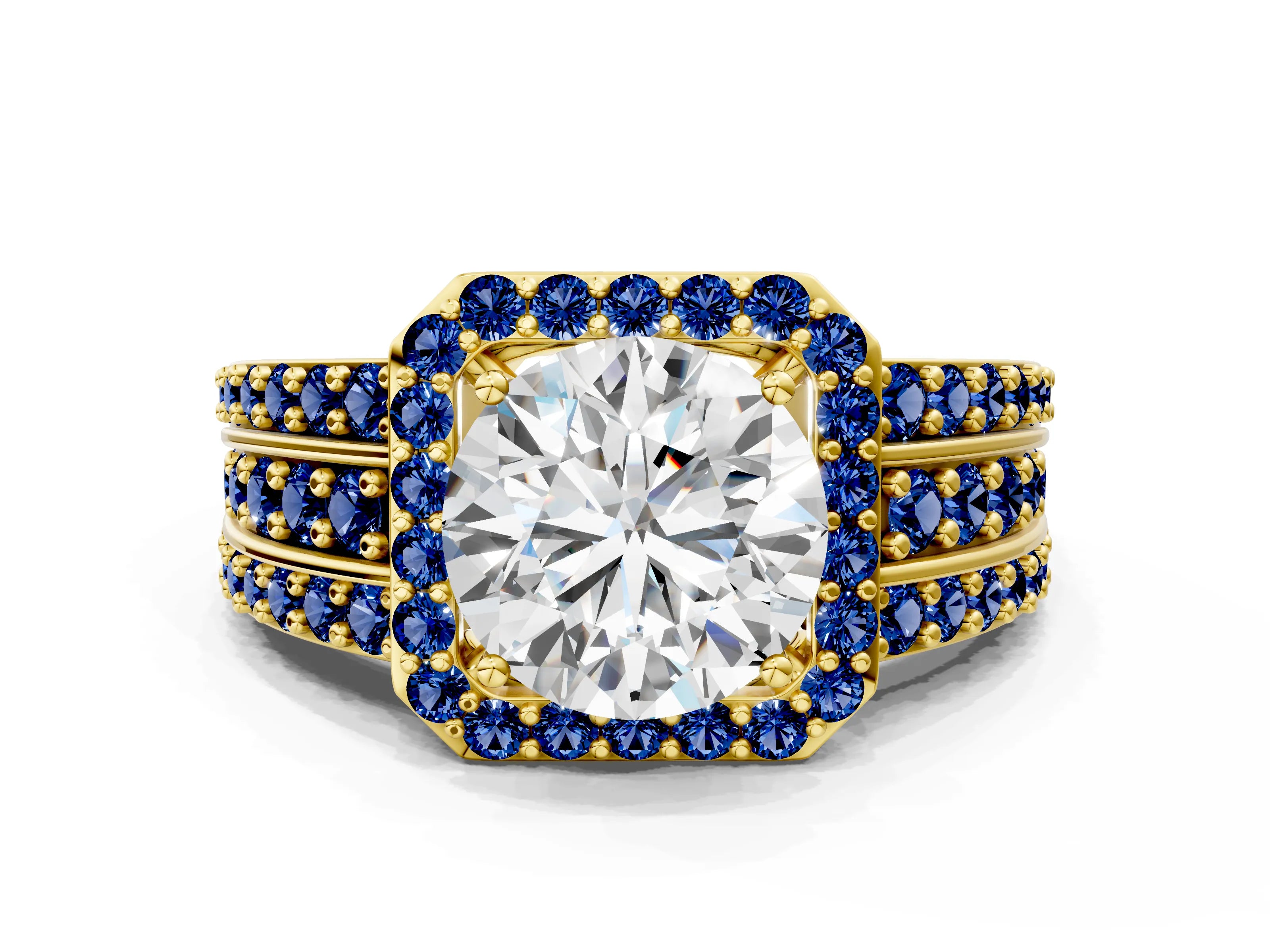 Yellow gold Round Cut Halo Diamond Ring with Round with Blue Sapphire side stone Split Shank and Prong Setting