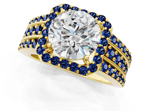 Yellow gold Round Cut Halo Diamond Ring with Round with Blue Sapphire side stone Split Shank and Prong Setting_1