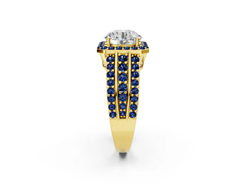 Yellow gold Round Cut Halo Diamond Ring with Round with Blue Sapphire side stone Split Shank and Prong Setting_2