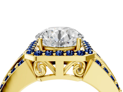 Yellow gold Round Cut Halo Diamond Ring with Round with Blue Sapphire side stone Split Shank and Prong Setting_4