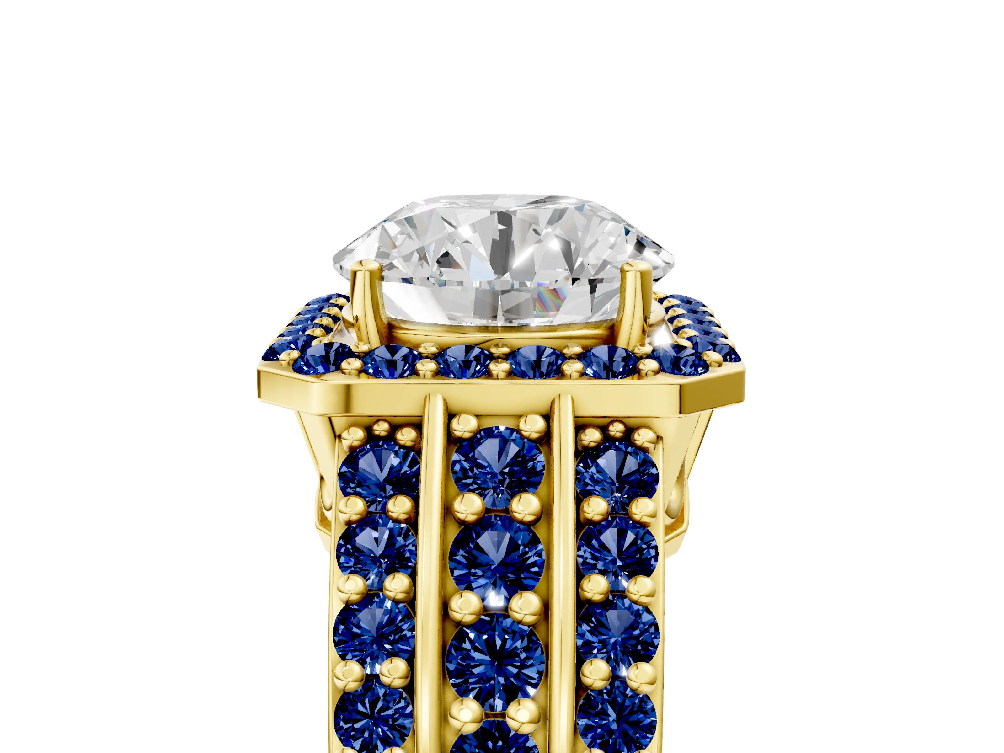Yellow gold Round Cut Halo Diamond Ring with Round with Blue Sapphire side stone Split Shank and Prong Setting_5