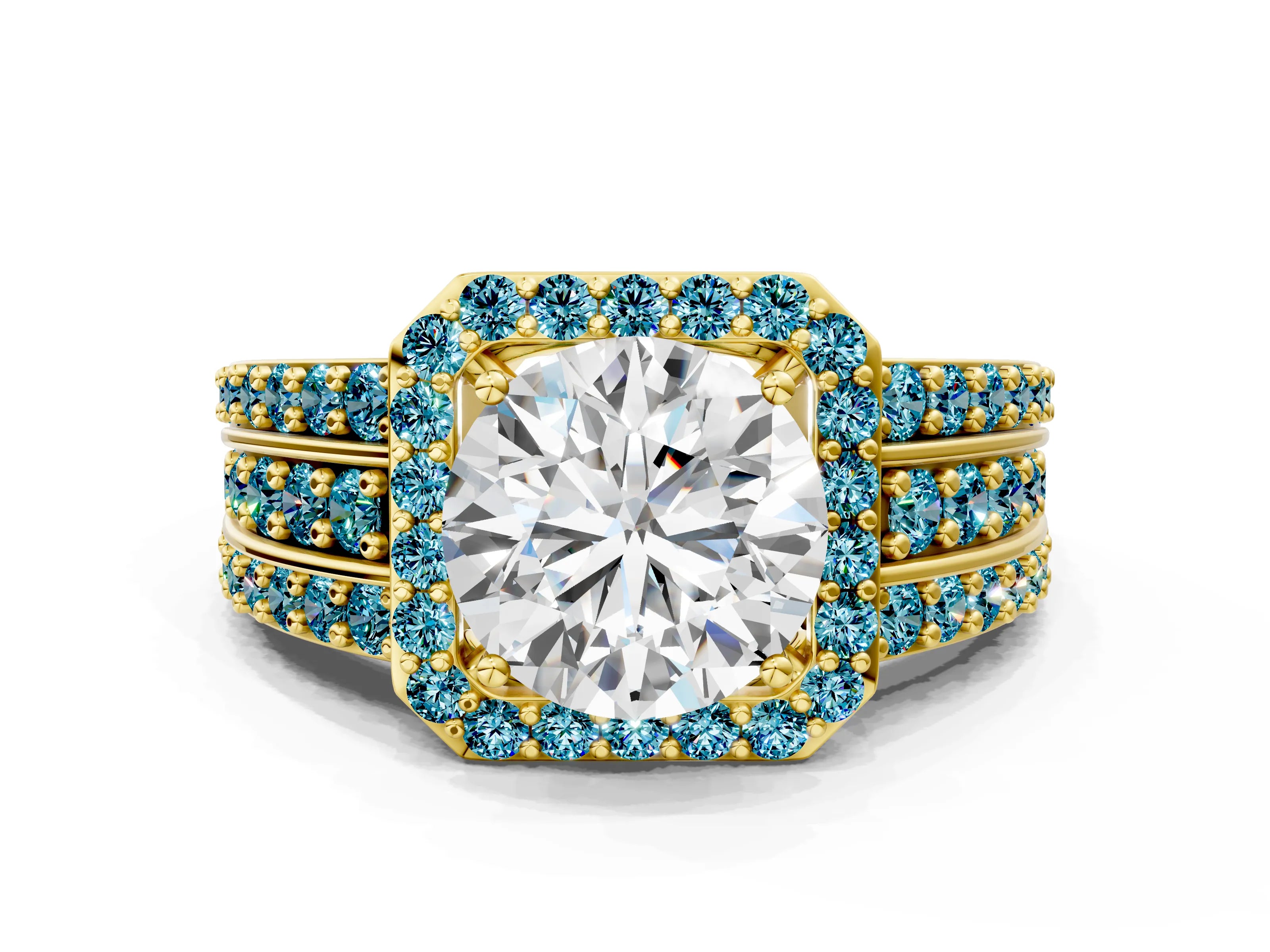 Yellow gold Round Cut Halo Diamond Ring with Round with Blue Topaz side stone Split Shank and Prong Setting