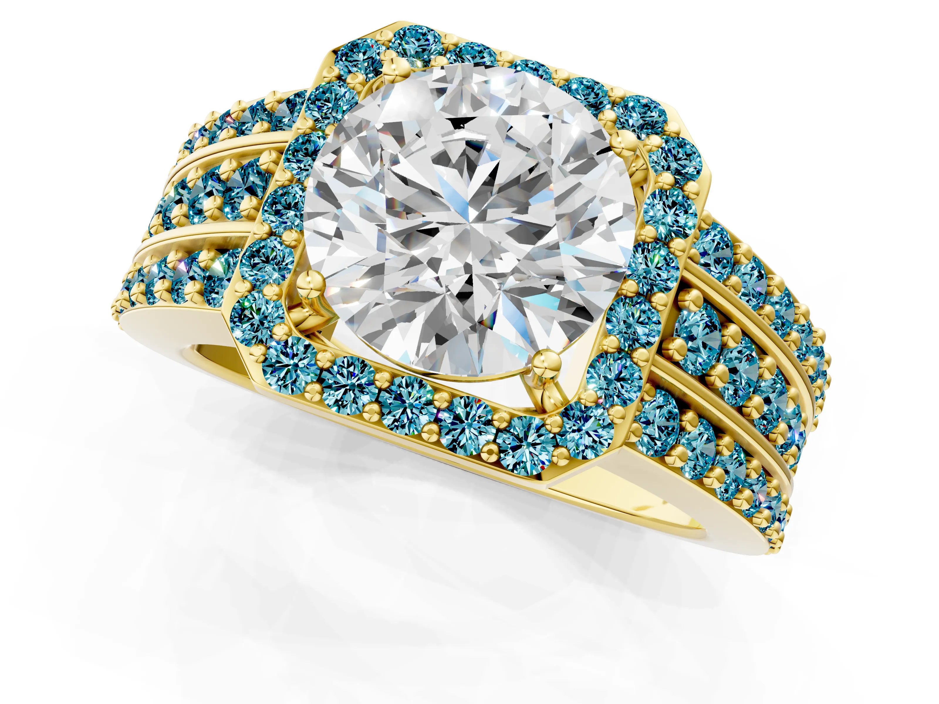 Yellow gold Round Cut Halo Diamond Ring with Round with Blue Topaz side stone Split Shank and Prong Setting_1