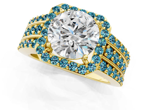 Yellow gold Round Cut Halo Diamond Ring with Round with Blue Topaz side stone Split Shank and Prong Setting_1