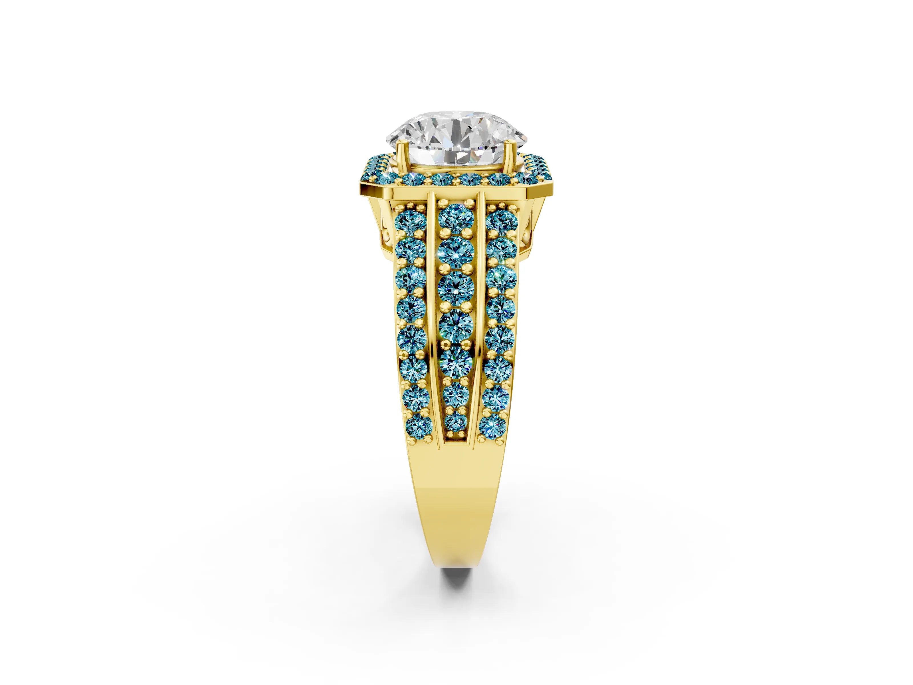 Yellow gold Round Cut Halo Diamond Ring with Round with Blue Topaz side stone Split Shank and Prong Setting_2