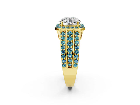 Yellow gold Round Cut Halo Diamond Ring with Round with Blue Topaz side stone Split Shank and Prong Setting_2