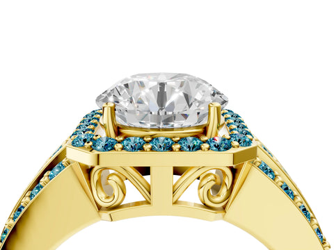 Yellow gold Round Cut Halo Diamond Ring with Round with Blue Topaz side stone Split Shank and Prong Setting_4