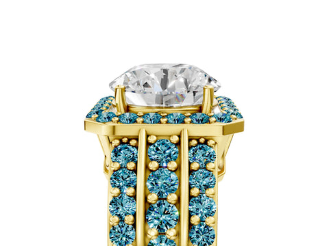 Yellow gold Round Cut Halo Diamond Ring with Round with Blue Topaz side stone Split Shank and Prong Setting_5
