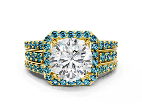 Yellow gold Round Cut Halo Diamond Ring with Round with Blue Topaz side stone Split Shank and Prong Setting