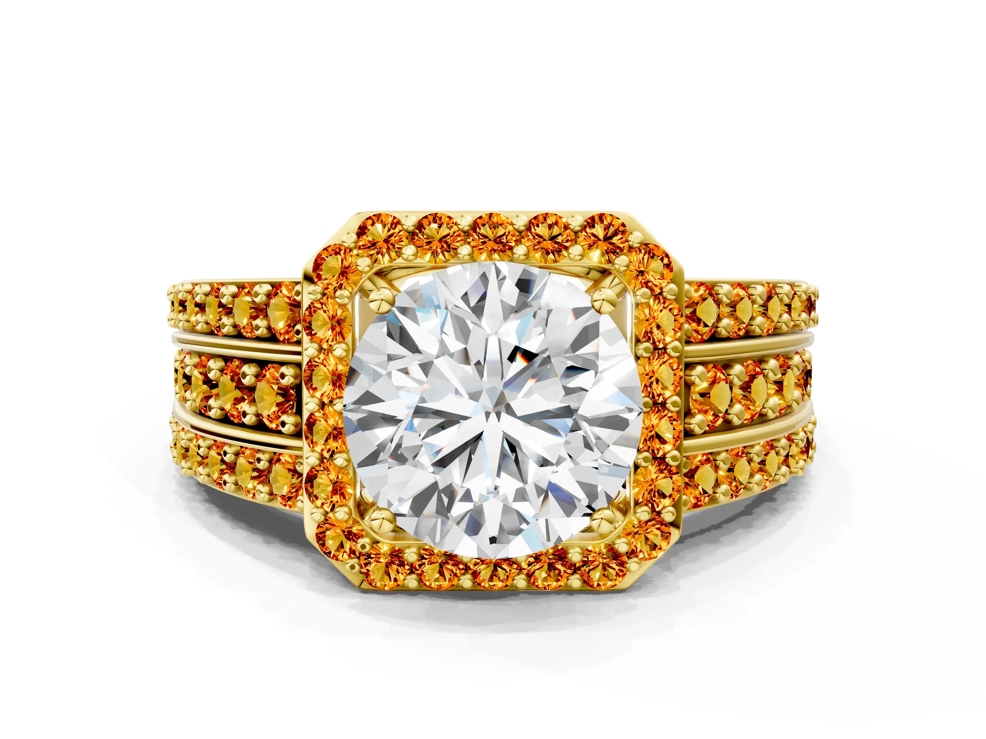 Yellow gold Round Cut Halo Diamond Ring with Round with Citrine side stone Split Shank and Prong Setting