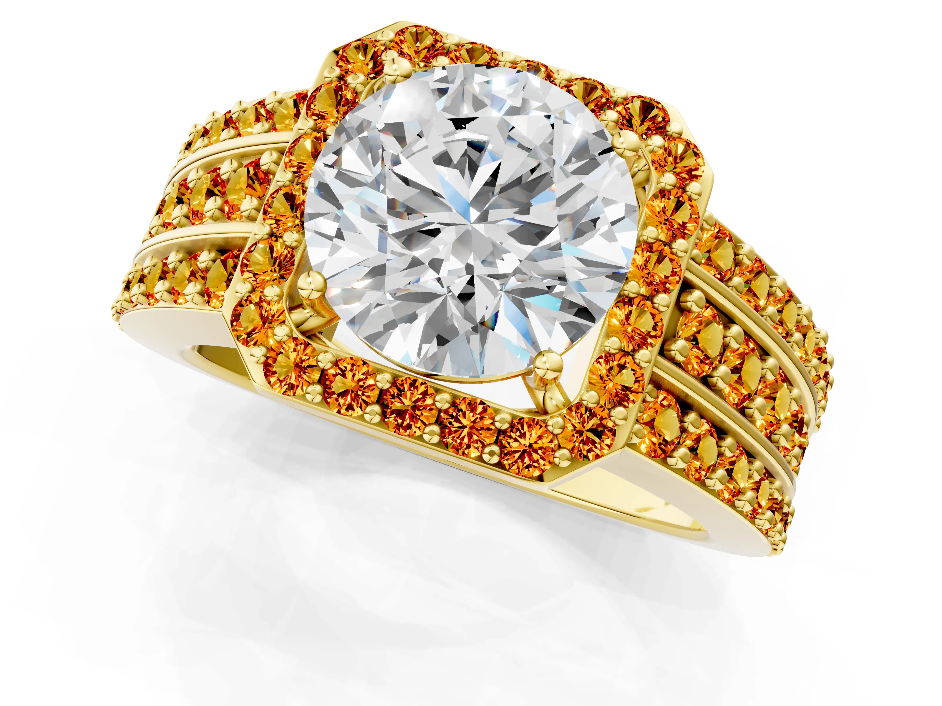Yellow gold Round Cut Halo Diamond Ring with Round with Citrine side stone Split Shank and Prong Setting_1