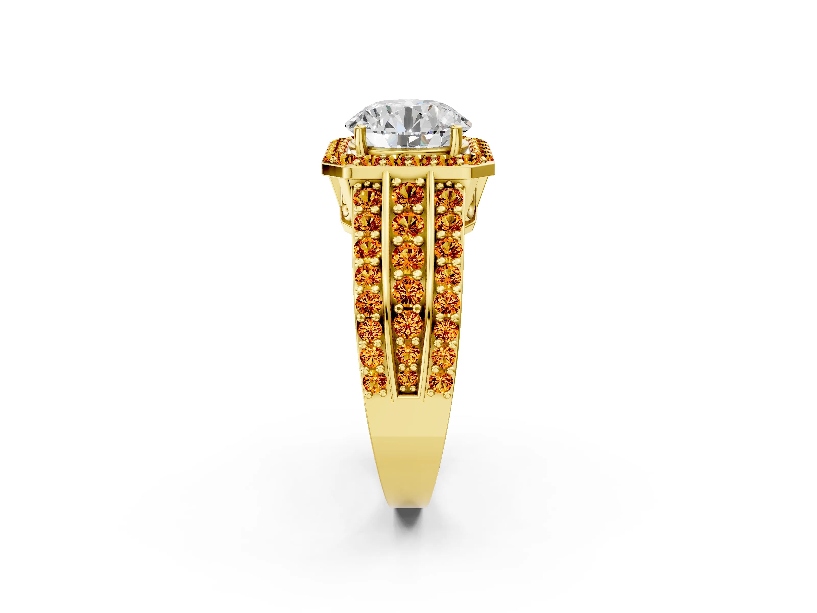 Yellow gold Round Cut Halo Diamond Ring with Round with Citrine side stone Split Shank and Prong Setting_2