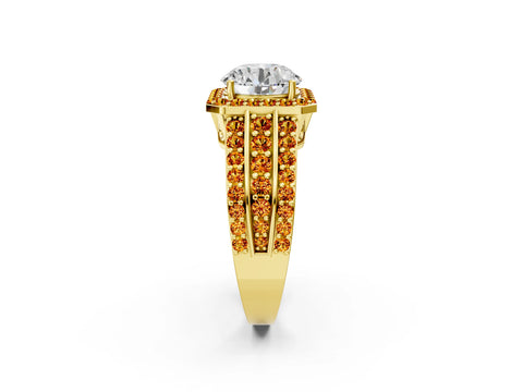 Yellow gold Round Cut Halo Diamond Ring with Round with Citrine side stone Split Shank and Prong Setting_2