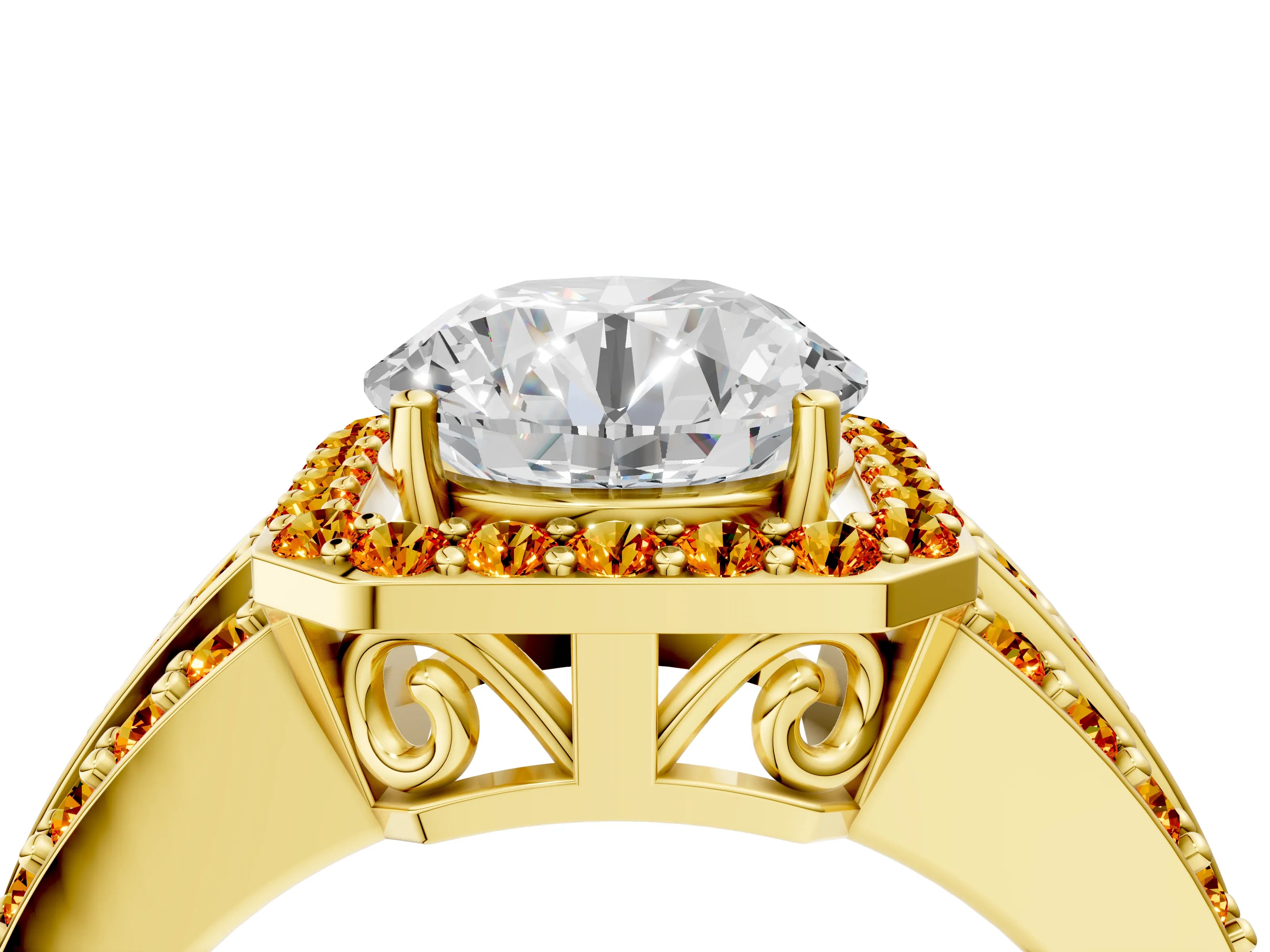 Yellow gold Round Cut Halo Diamond Ring with Round with Citrine side stone Split Shank and Prong Setting_4