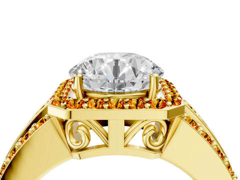 Yellow gold Round Cut Halo Diamond Ring with Round with Citrine side stone Split Shank and Prong Setting_4
