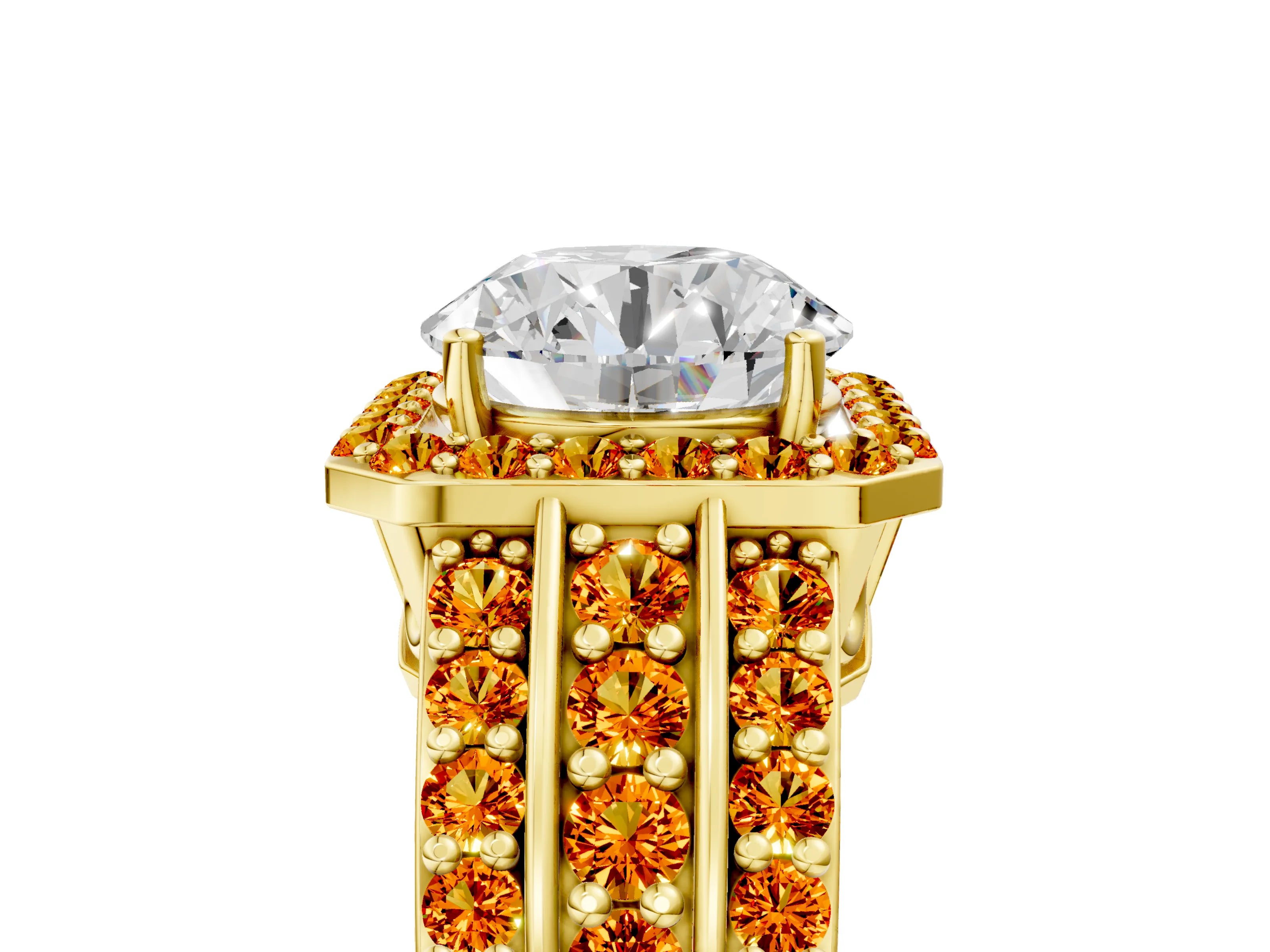Yellow gold Round Cut Halo Diamond Ring with Round with Citrine side stone Split Shank and Prong Setting_5