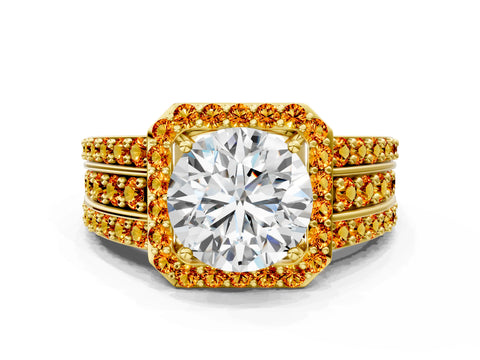 Yellow gold Round Cut Halo Diamond Ring with Round with Citrine side stone Split Shank and Prong Setting