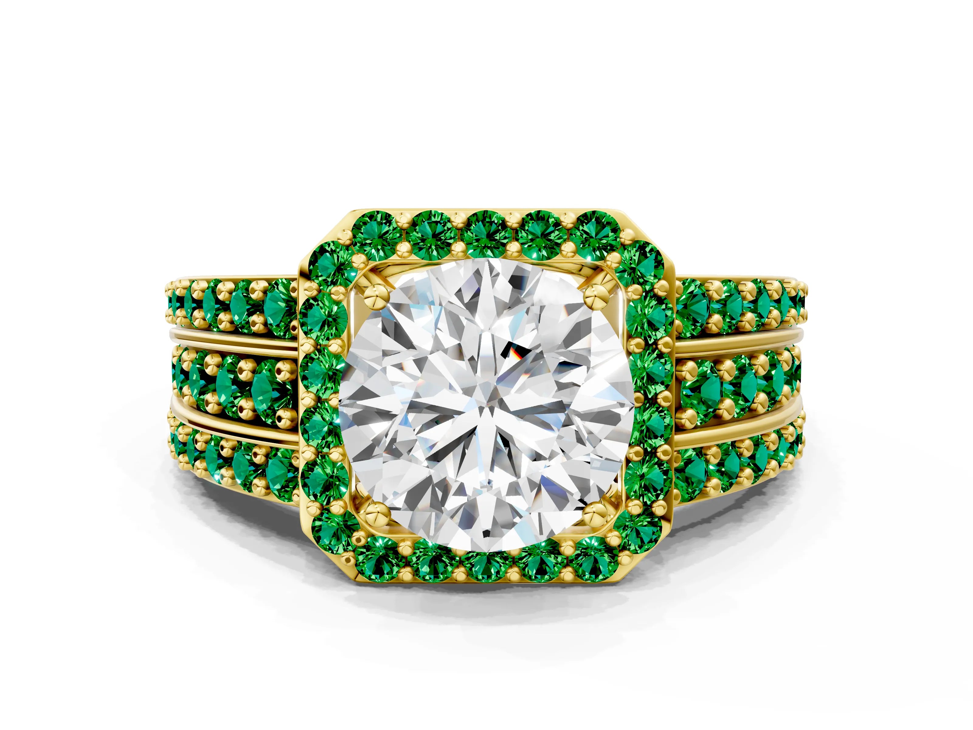 Yellow gold Round Cut Halo Diamond Ring with Round with Emerald side stone Split Shank and Prong Setting