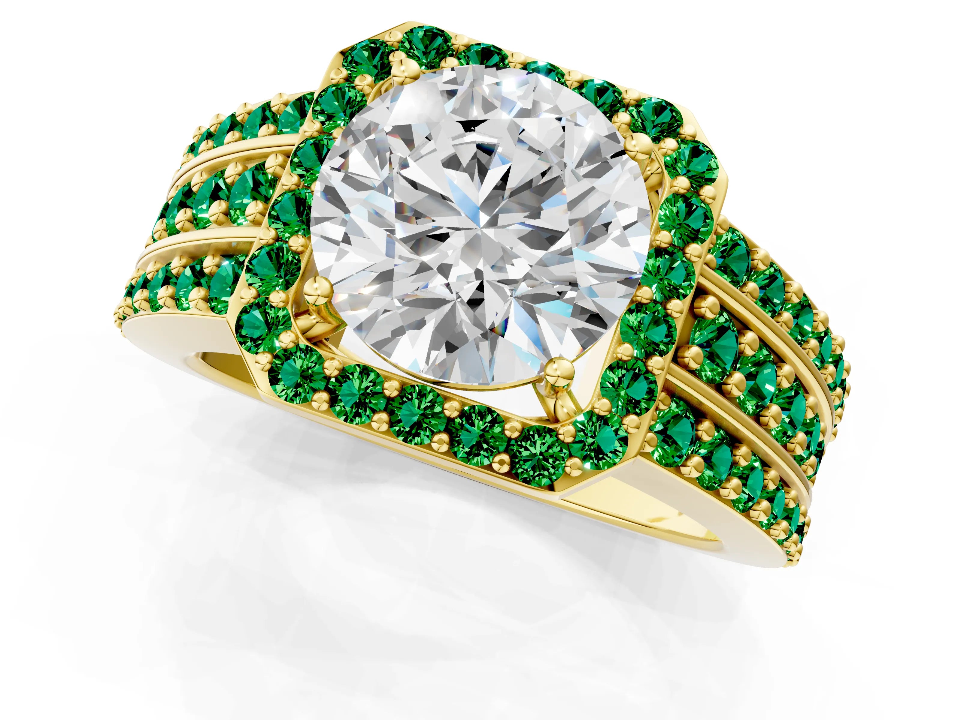 Yellow gold Round Cut Halo Diamond Ring with Round with Emerald side stone Split Shank and Prong Setting_1
