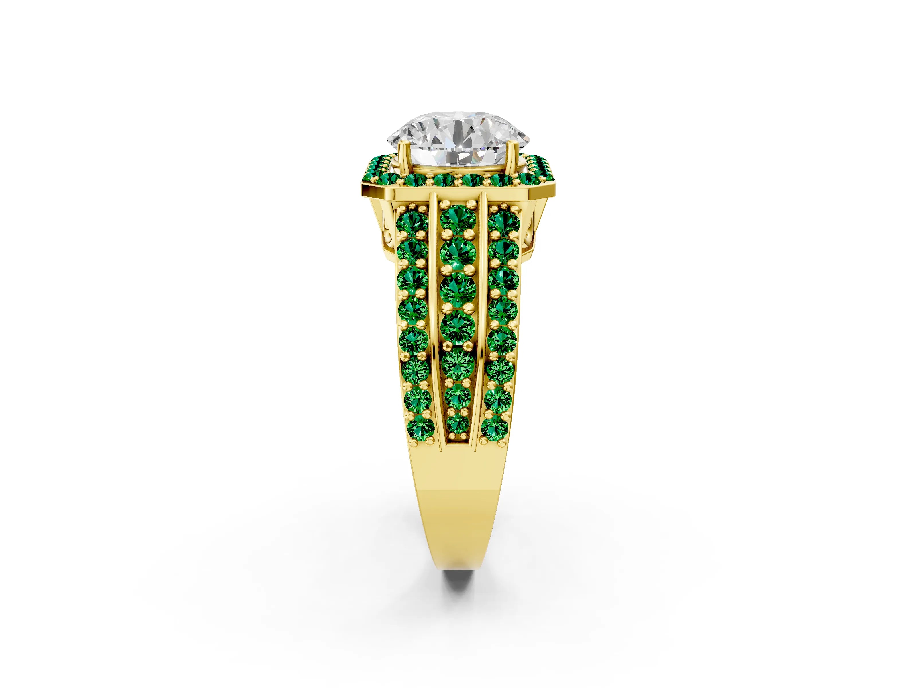 Yellow gold Round Cut Halo Diamond Ring with Round with Emerald side stone Split Shank and Prong Setting_2