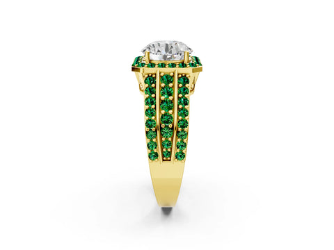 Yellow gold Round Cut Halo Diamond Ring with Round with Emerald side stone Split Shank and Prong Setting_2