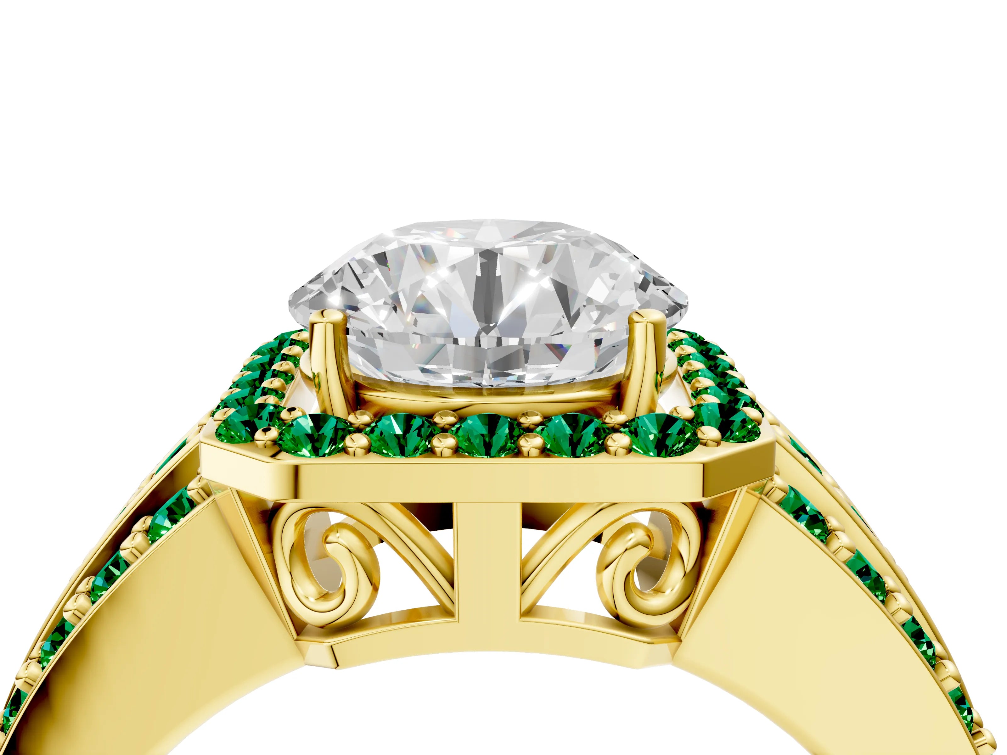 Yellow gold Round Cut Halo Diamond Ring with Round with Emerald side stone Split Shank and Prong Setting_4