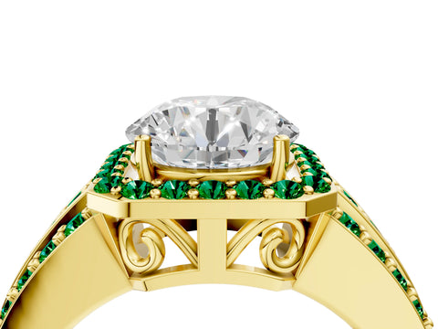 Yellow gold Round Cut Halo Diamond Ring with Round with Emerald side stone Split Shank and Prong Setting_4