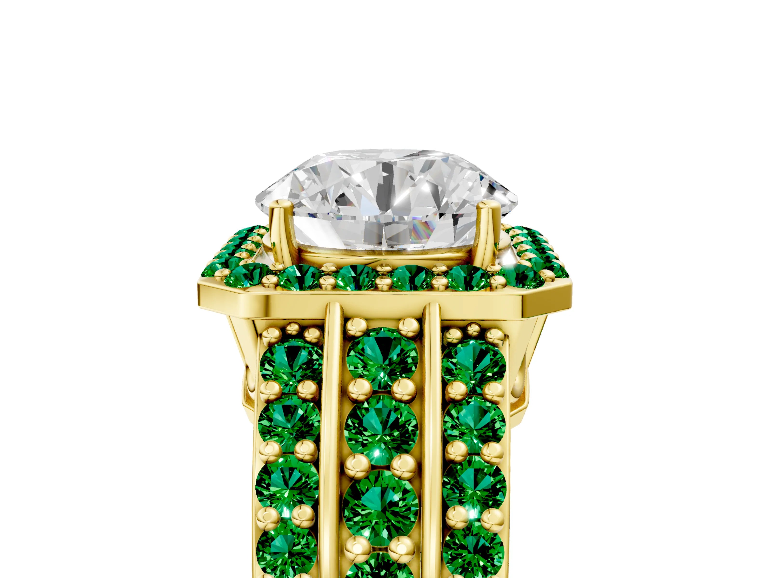 Yellow gold Round Cut Halo Diamond Ring with Round with Emerald side stone Split Shank and Prong Setting_5