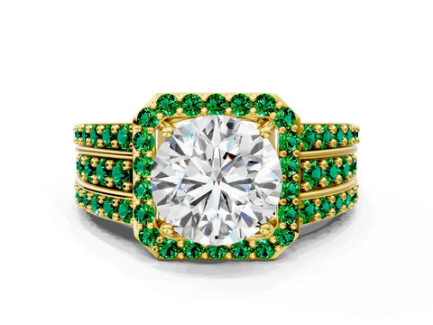Yellow gold Round Cut Halo Diamond Ring with Round with Emerald side stone Split Shank and Prong Setting