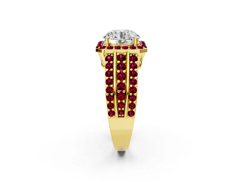 Yellow gold Round Cut Halo Diamond Ring with Round with Garnet side stone Split Shank and Prong Setting_2
