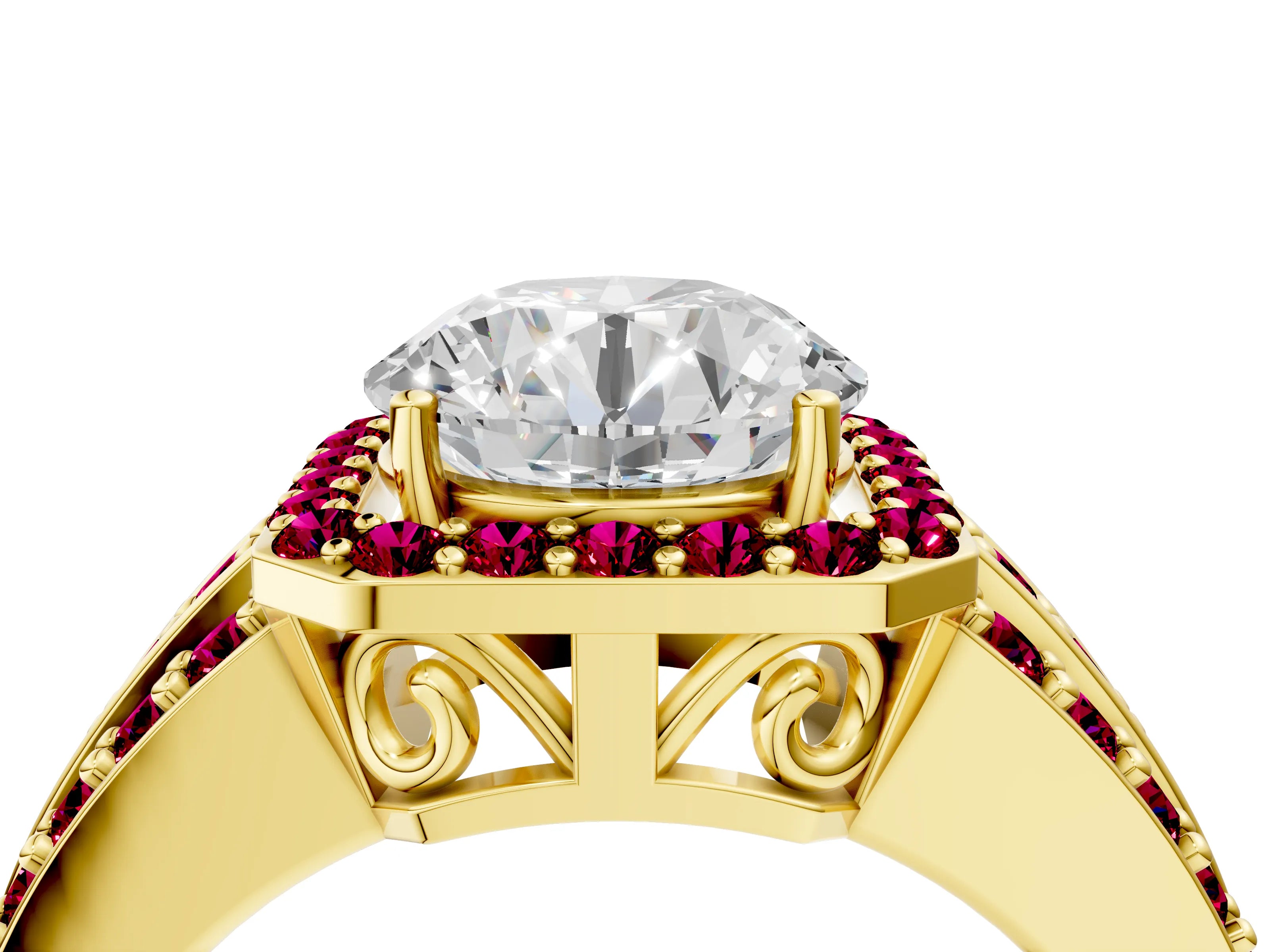 Yellow gold Round Cut Halo Diamond Ring with Round with Garnet side stone Split Shank and Prong Setting_4