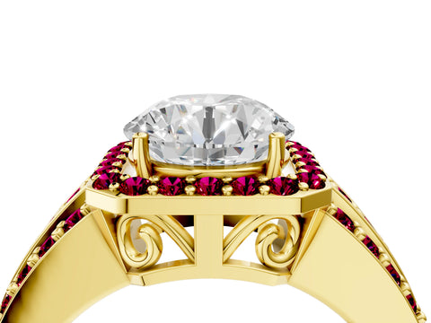 Yellow gold Round Cut Halo Diamond Ring with Round with Garnet side stone Split Shank and Prong Setting_4