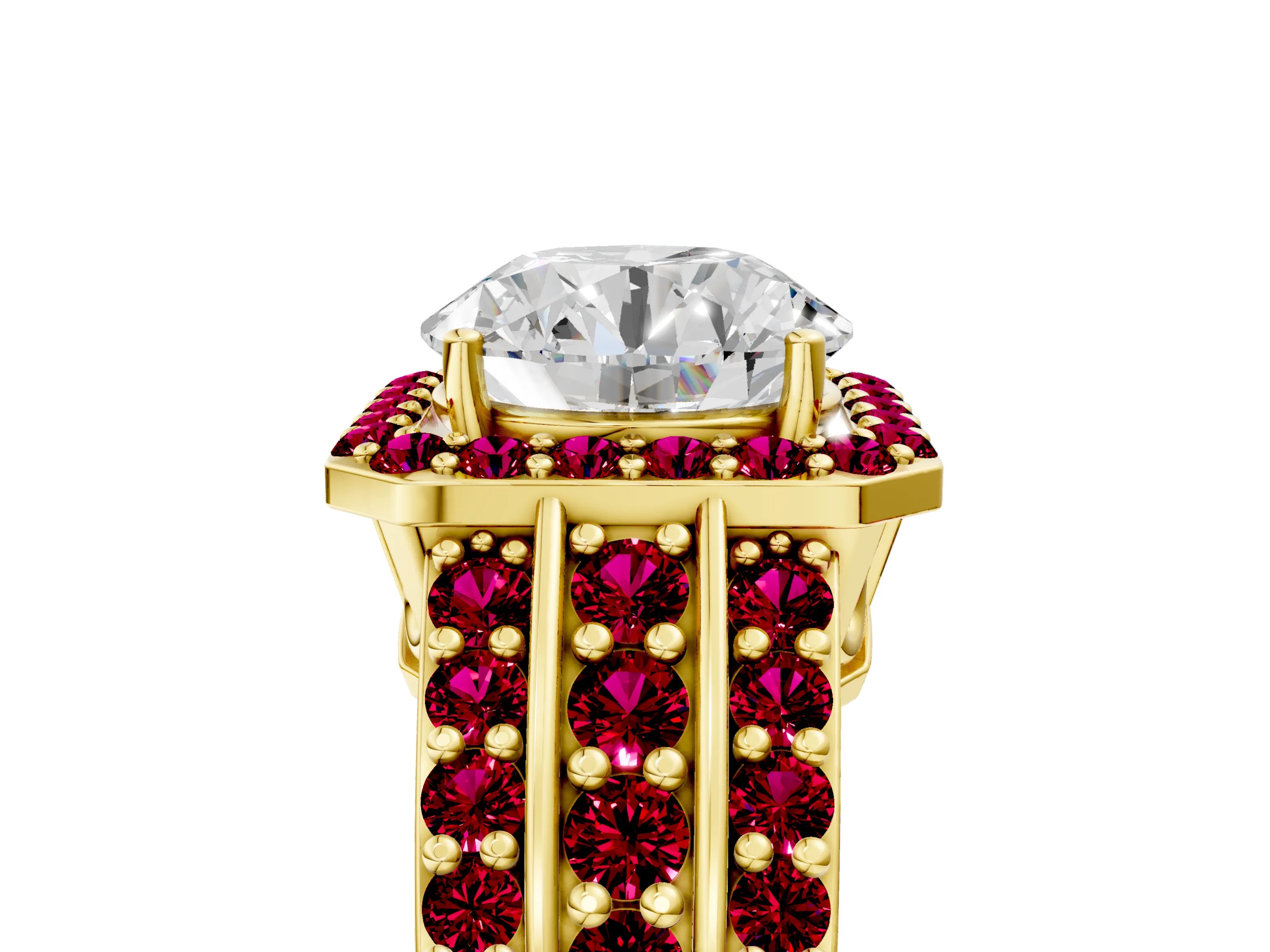 Yellow gold Round Cut Halo Diamond Ring with Round with Garnet side stone Split Shank and Prong Setting_5