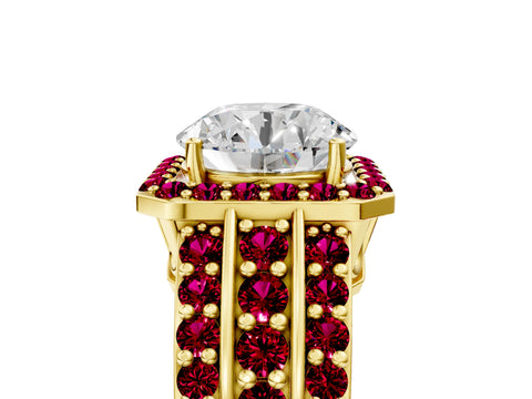 Yellow gold Round Cut Halo Diamond Ring with Round with Garnet side stone Split Shank and Prong Setting_5