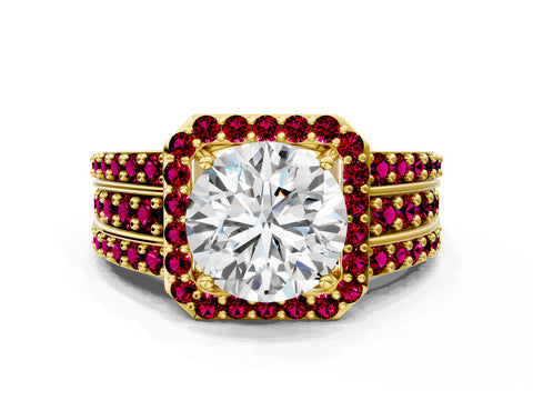 Yellow gold Round Cut Halo Diamond Ring with Round with Garnet side stone Split Shank and Prong Setting