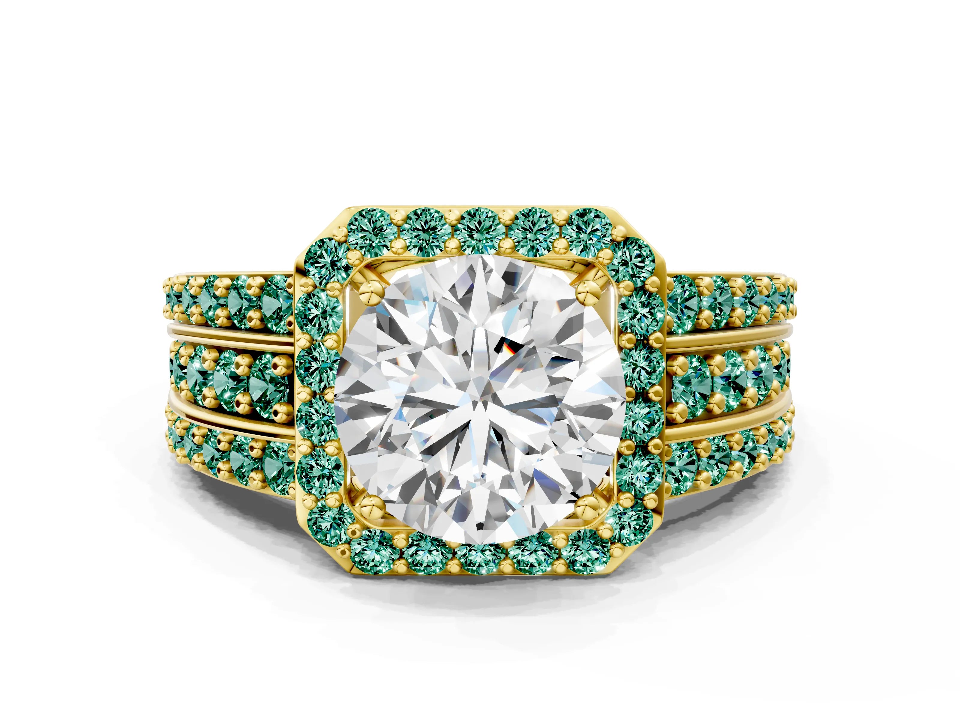 Yellow gold Round Cut Halo Diamond Ring with Round with Green Sapphire side stone Split Shank and Prong Setting