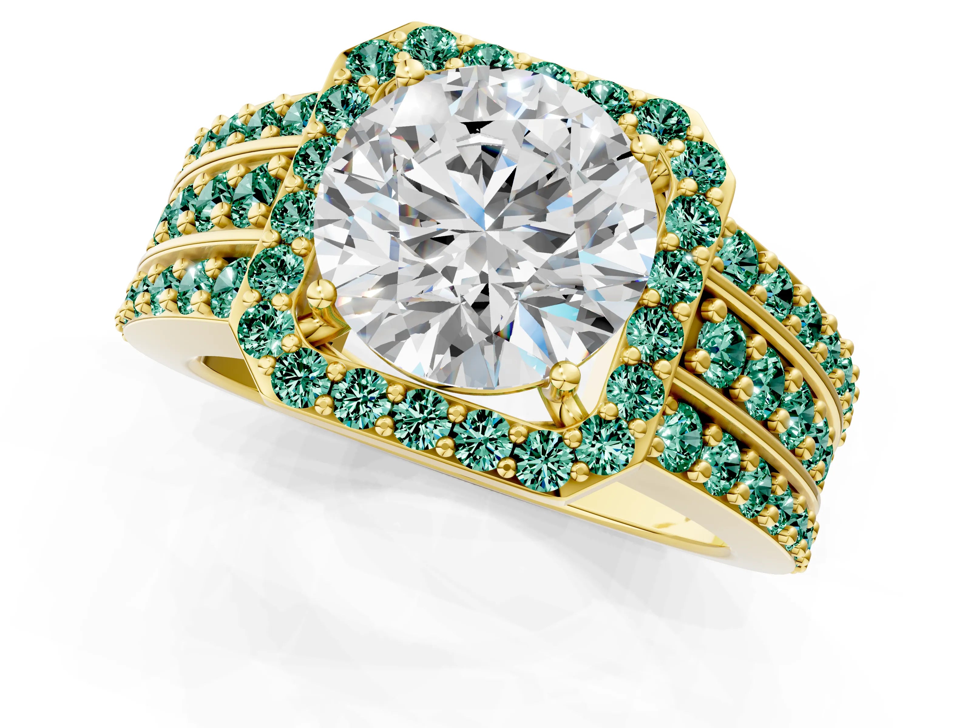 Yellow gold Round Cut Halo Diamond Ring with Round with Green Sapphire side stone Split Shank and Prong Setting_1