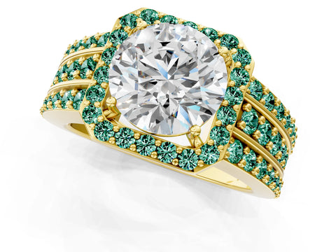 Yellow gold Round Cut Halo Diamond Ring with Round with Green Sapphire side stone Split Shank and Prong Setting_1