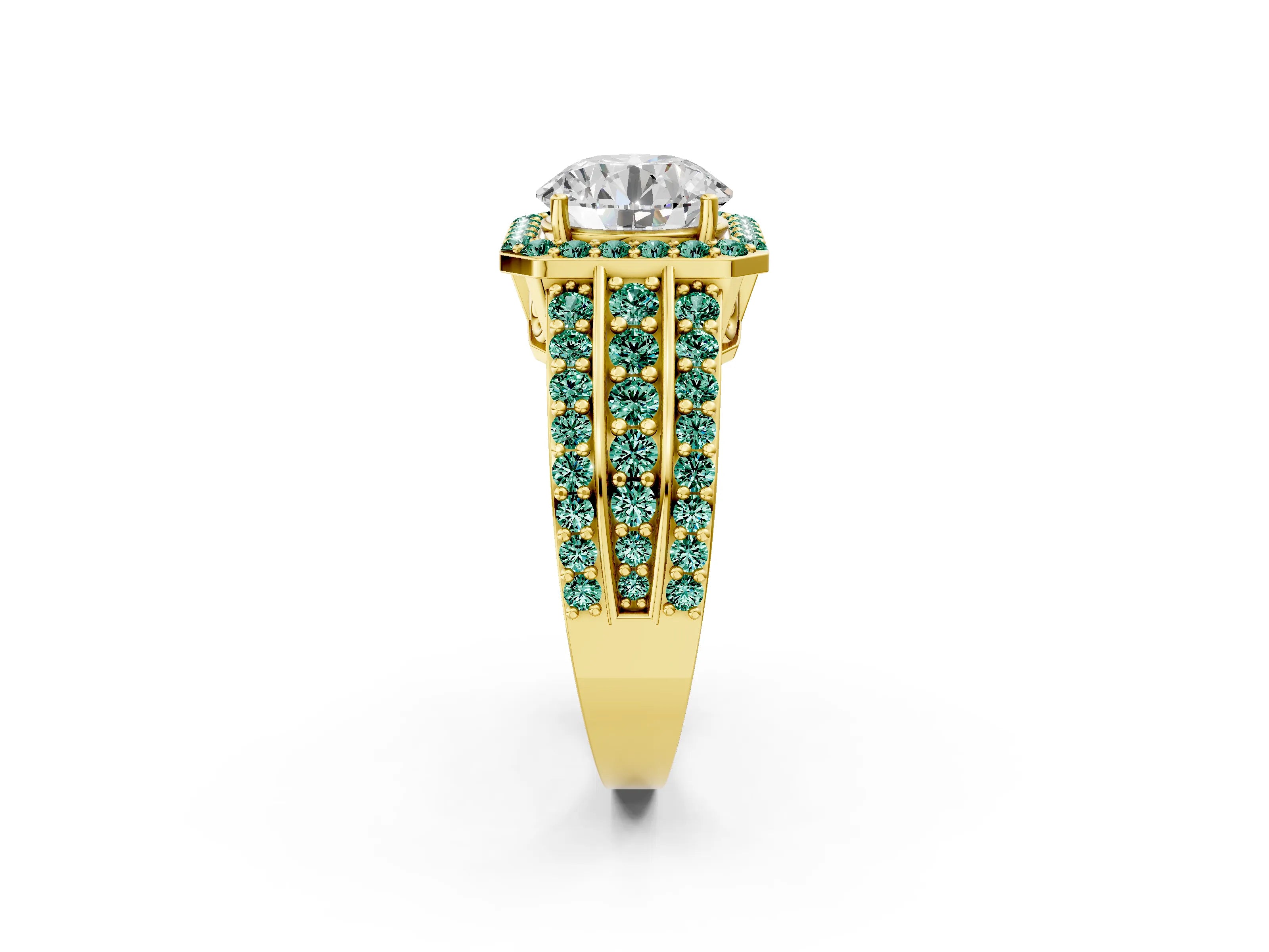 Yellow gold Round Cut Halo Diamond Ring with Round with Green Sapphire side stone Split Shank and Prong Setting_2