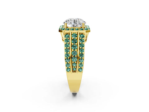 Yellow gold Round Cut Halo Diamond Ring with Round with Green Sapphire side stone Split Shank and Prong Setting_2