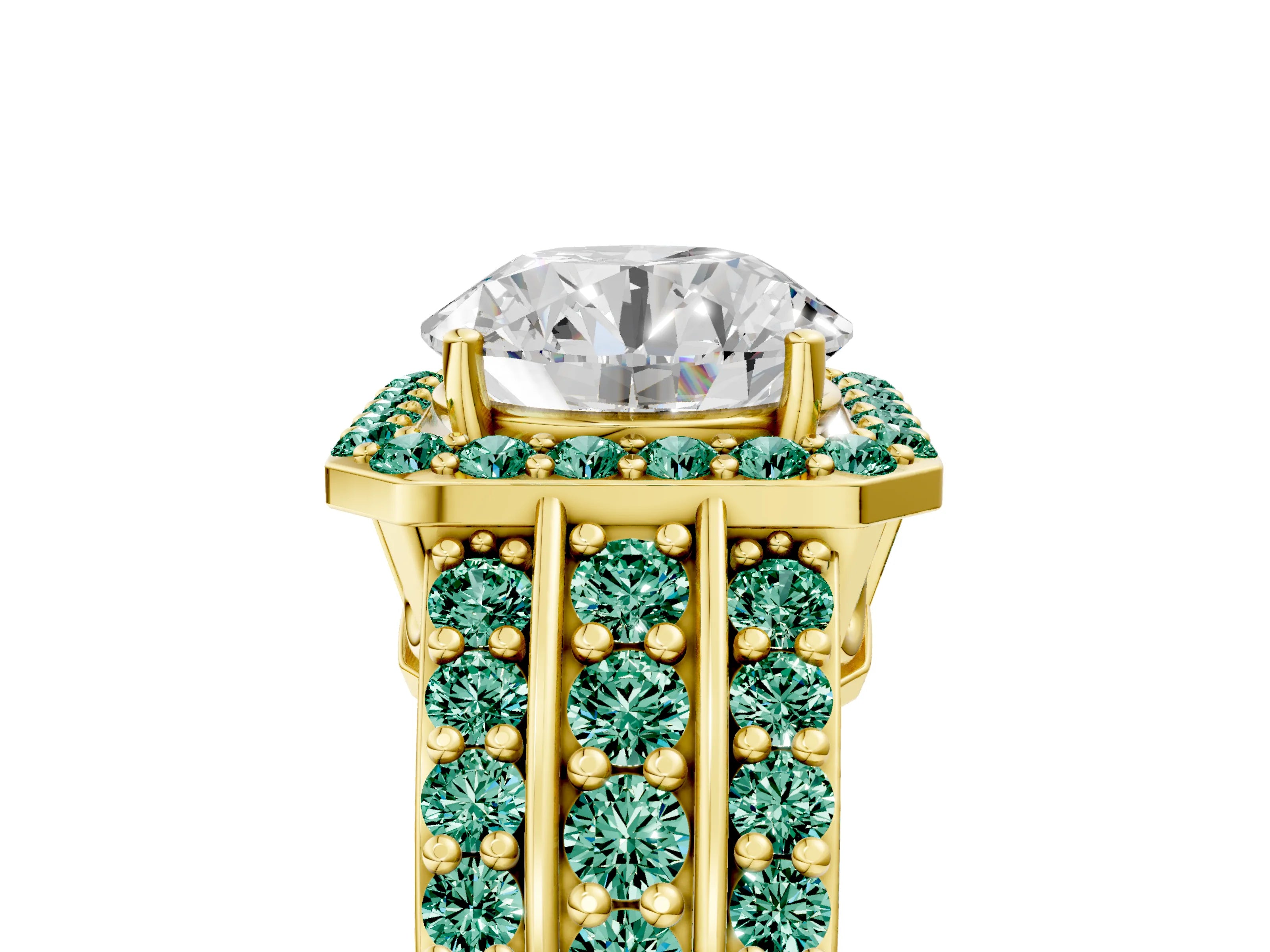 Yellow gold Round Cut Halo Diamond Ring with Round with Green Sapphire side stone Split Shank and Prong Setting_5