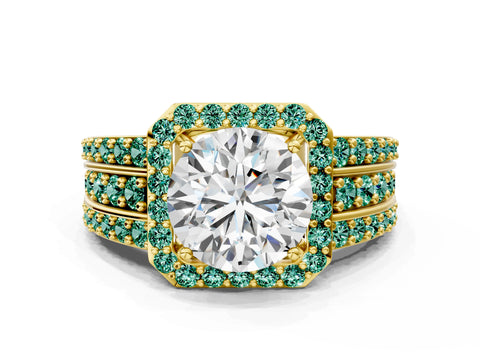 Yellow gold Round Cut Halo Diamond Ring with Round with Green Sapphire side stone Split Shank and Prong Setting