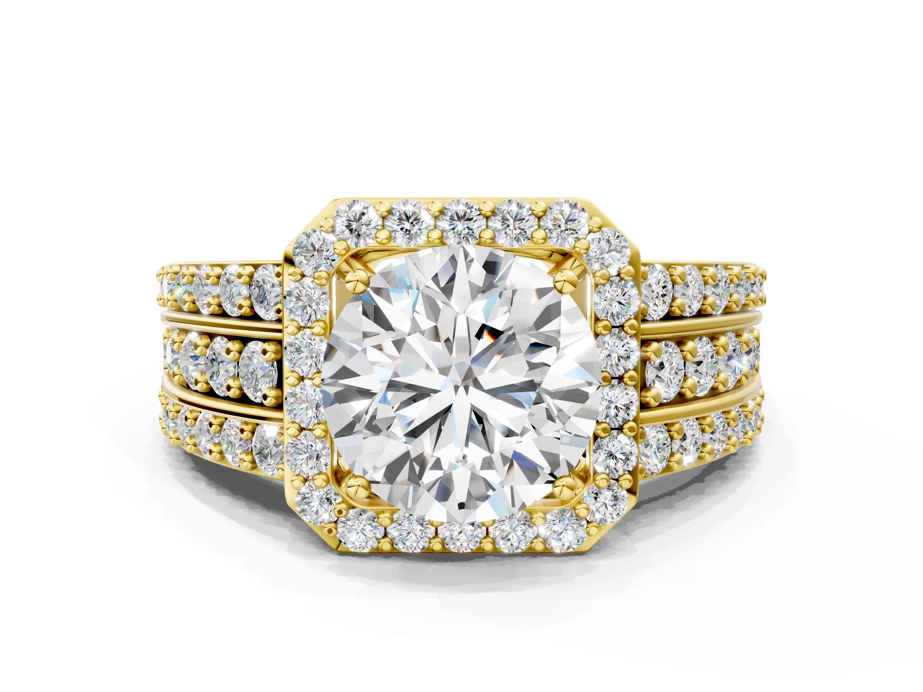 Yellow gold Round Cut Halo Diamond Ring with Round with Moissanite side stone Split Shank and Prong Setting