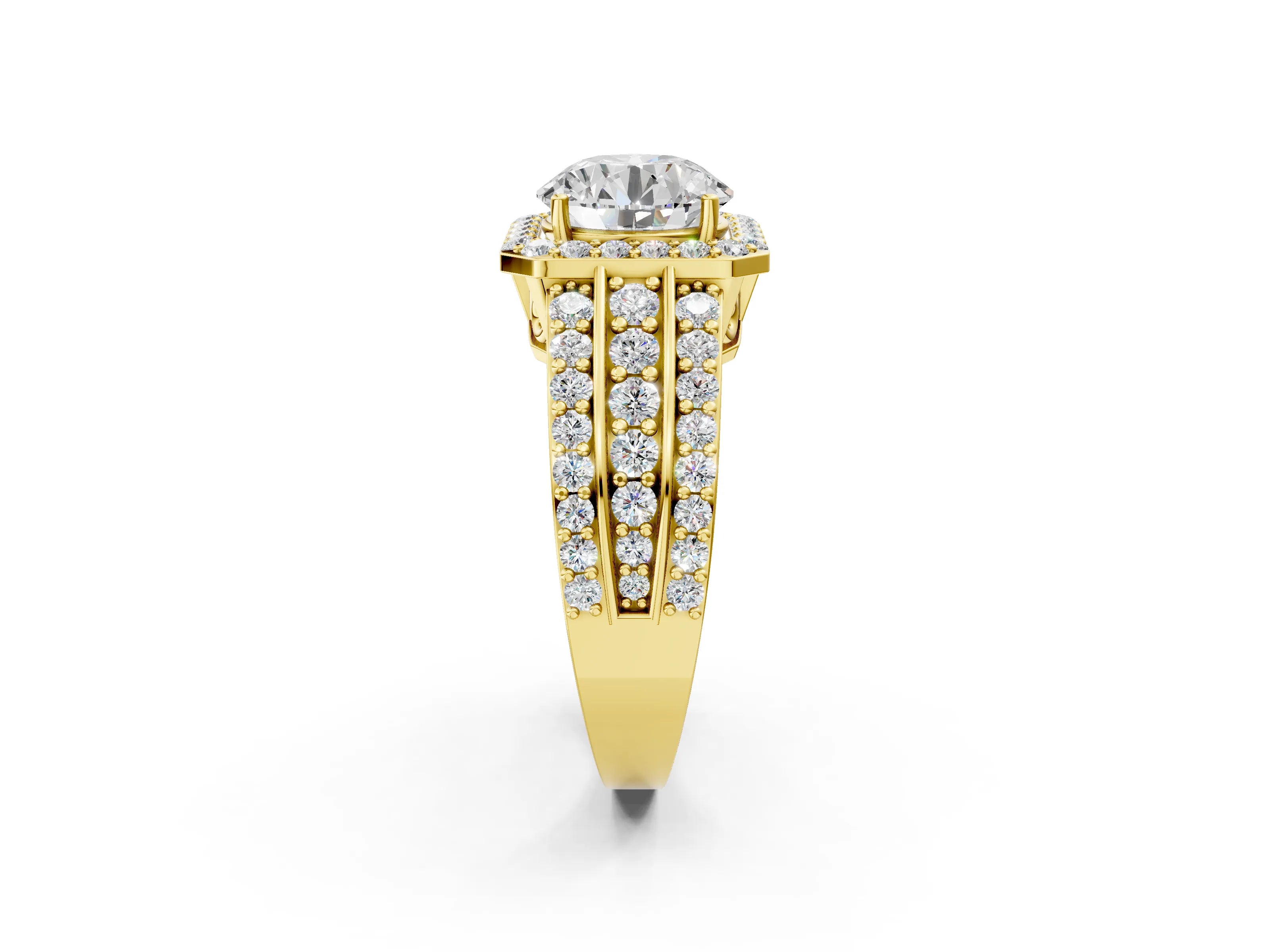Yellow gold Round Cut Halo Diamond Ring with Round with Moissanite side stone Split Shank and Prong Setting_2
