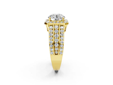 Yellow gold Round Cut Halo Diamond Ring with Round with Moissanite side stone Split Shank and Prong Setting_2
