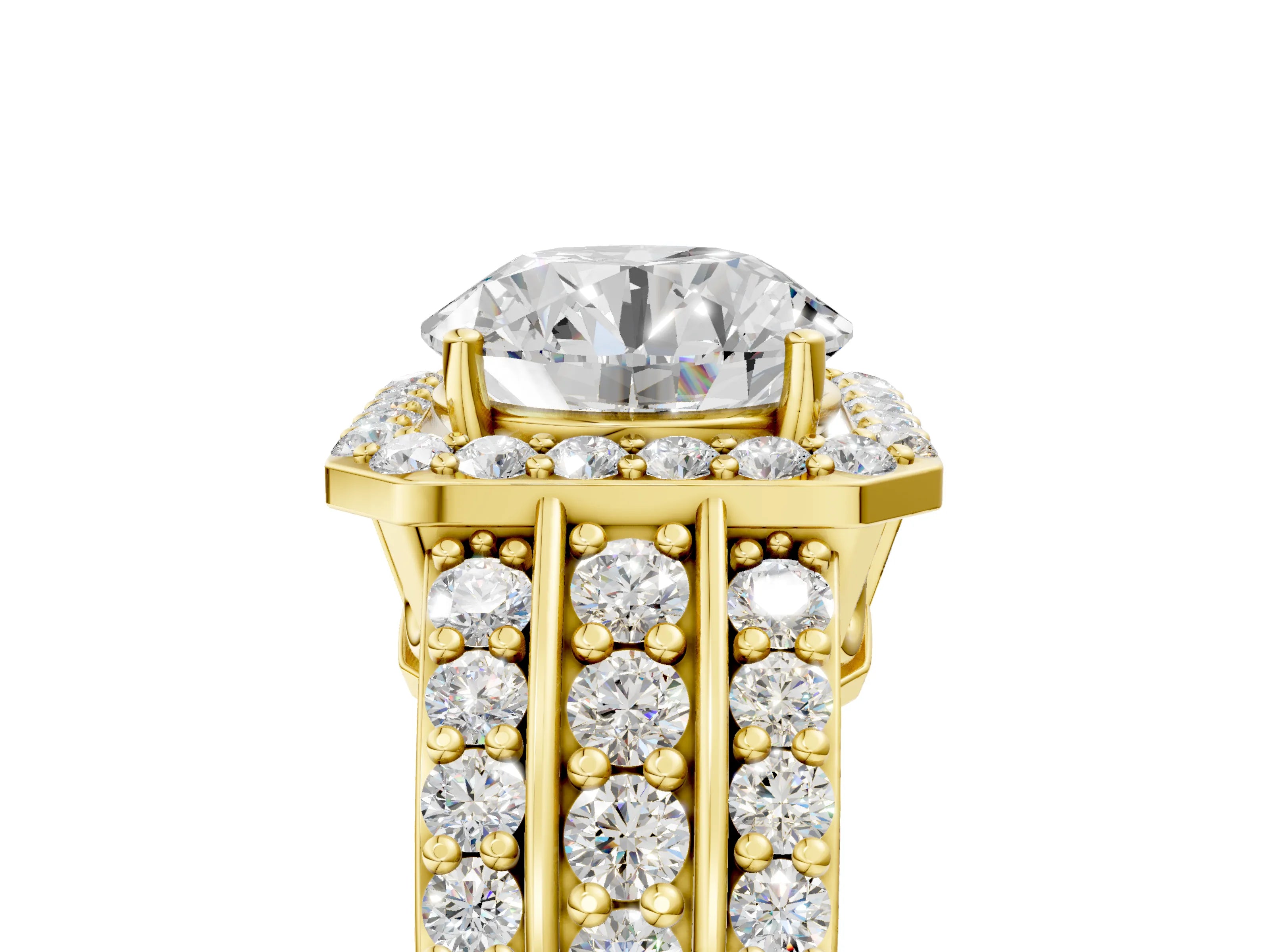 Yellow gold Round Cut Halo Diamond Ring with Round with Moissanite side stone Split Shank and Prong Setting_5