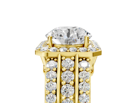 Yellow gold Round Cut Halo Diamond Ring with Round with Moissanite side stone Split Shank and Prong Setting_5