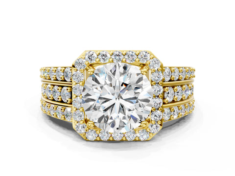 Yellow gold Round Cut Halo Diamond Ring with Round with Moissanite side stone Split Shank and Prong Setting
